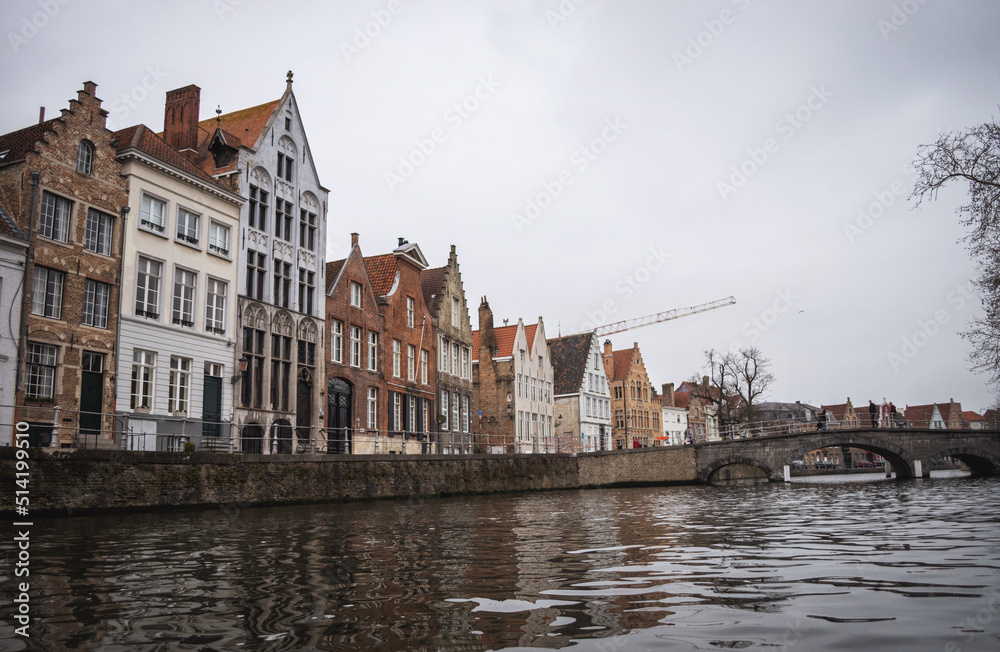 Brugge, Belgium - March 23, 2019: Classic view of the historic city center of Brugge, West Flanders province.