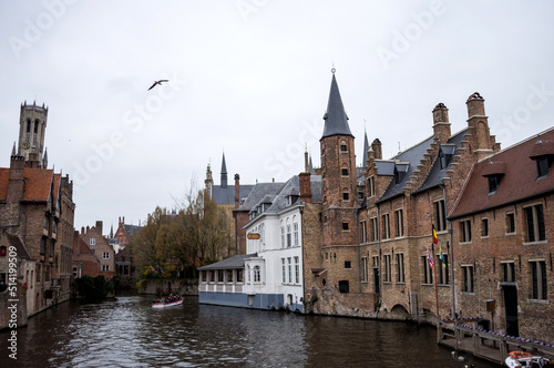 Brugge, Belgium - March 23, 2019: Classic view of the historic city center of Brugge, West Flanders province.