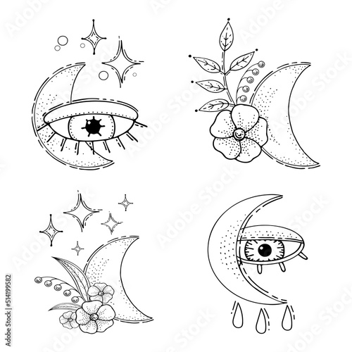 Crescent with flowers set. Bohemian moon is the all-seeing eye of the star. Ancient amulet in boho style. Hand drawn vector illustration.