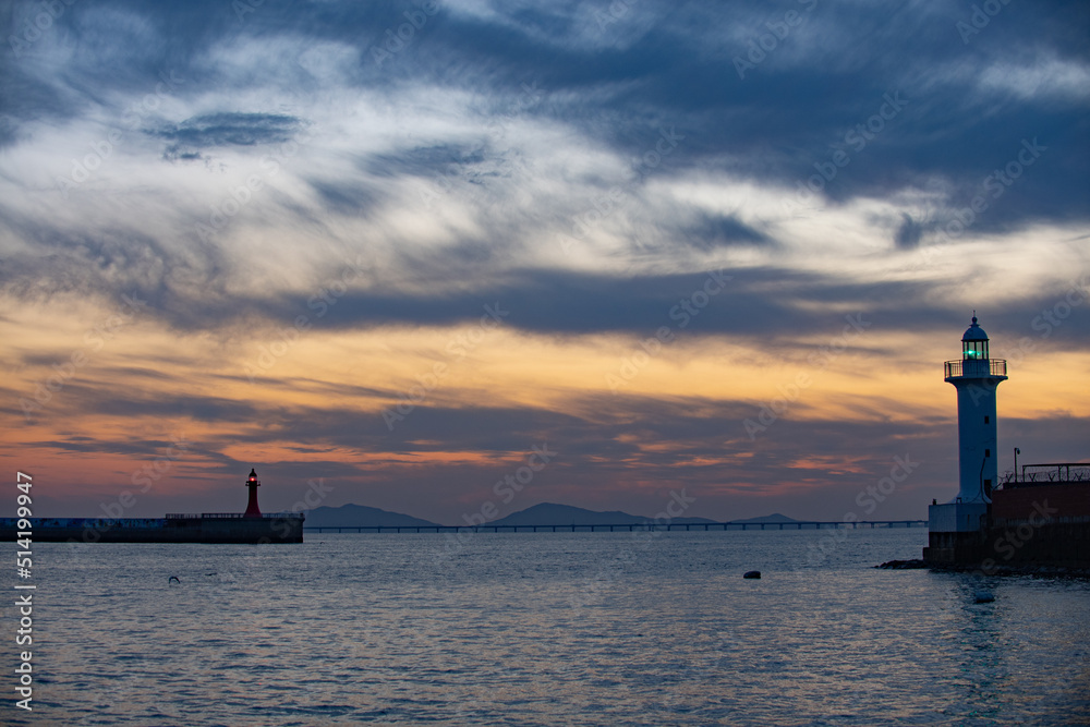 Evening scenery sea view with lighthouse
