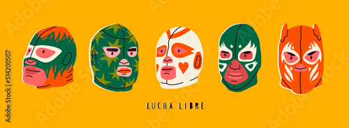 Various Lucha libre masks. Luchador colorful head set. Traditional Mexican wrestling masks. Luchadores Heroes. Hand drawn modern Vector illustration. Every head is isolated. Cartoon style photo