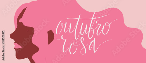 Outubro Rosa - Pink October in Brazilian language. Breast Cancer Awareness campaign web banner. Handwritten lettering.