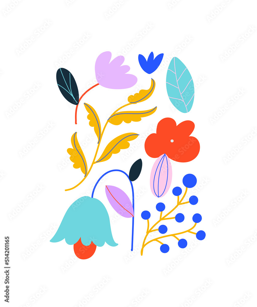 Colorful vector illustration with flowers. Flower composition with leaves and berries. Decorative element for cards, posters, stationery, tote bags.