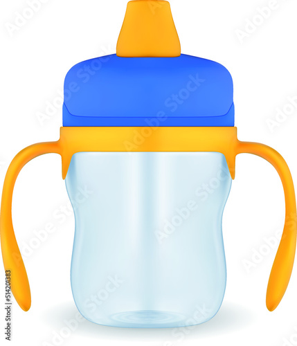 Bright plastic children's training cup with a nose and handles. Vector EPS-10