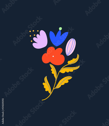 Colorful vector illustration with flowers. Floral composition on dark background. Nature elements. For cars  posters  stationery  tote bags.