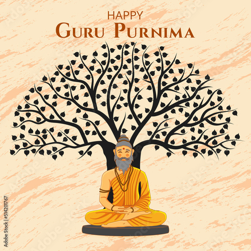 Happy Guru Purnima Traditional Hindu Festival Poster. Old monk or sage meditate sitting under tree Banner Design Vector Illustration. Social media post, website header, greeting card graphic resource