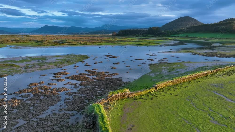 Aerial view of the old Jado tide mill in Argoños. Natural Park of the Marshes of Santoña, Victoria and Joyel. Cantabrian be. Cantabria, Spain, Europe Aerial view of the old Jado tide mill in Argoños. Natural Park of the Marshes of Santoña, Victoria and Joyel. Cantabrian be. Cantabria, Spain, Europe