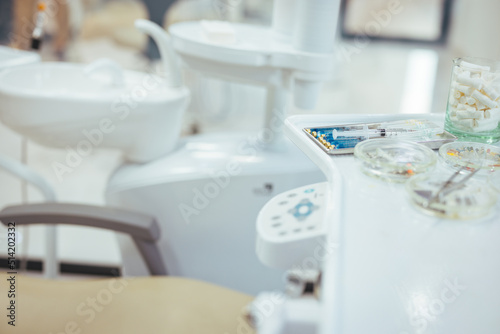 Inside the dental office. Devices and equipment. Modern dentist room and new equipment inside. Interior of a modern medical clinic. Empty modern dentist room