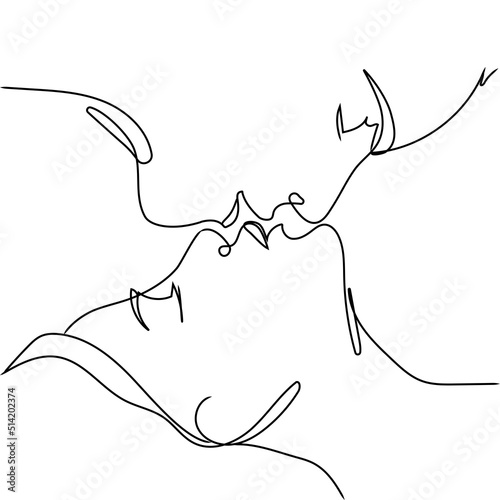 Kiss man and woman vector art line isolated doodle illustration.One line draw of kissing, single line sketch of lovers.Modern continuous line.Fashion print.
