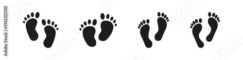 Foot print sign. Human footprint icon. Shoe step vector symbol. Barefoot walk isolated on white background. Man and baby kids imprint silhouette set.
