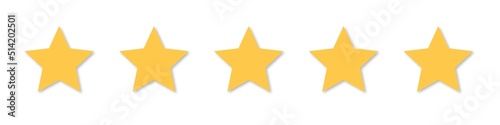 Five star icon. 5 Stars level vector sign. Yellow star good rank status symbol. Best rating gold service isolated on white background.