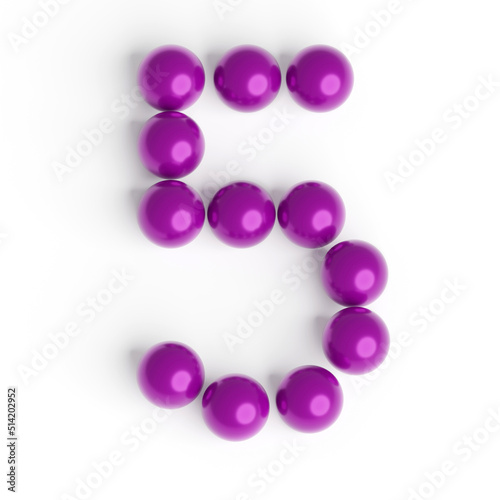 Number 5 from balls. Font from shiny purple balls. White background. Bright festive font. 3d render