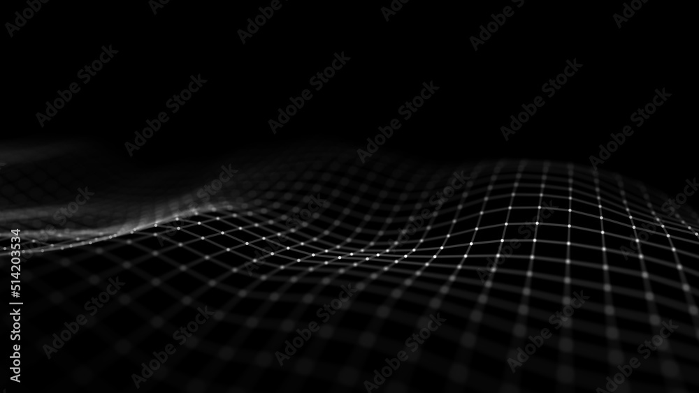 Futuristic moving wave. Digital dark background with moving particles. Big data visualization. 3d rendering