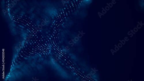 Futuristic moving wave. Digital background with moving glowing particles. Big data visualization. 3d rendering