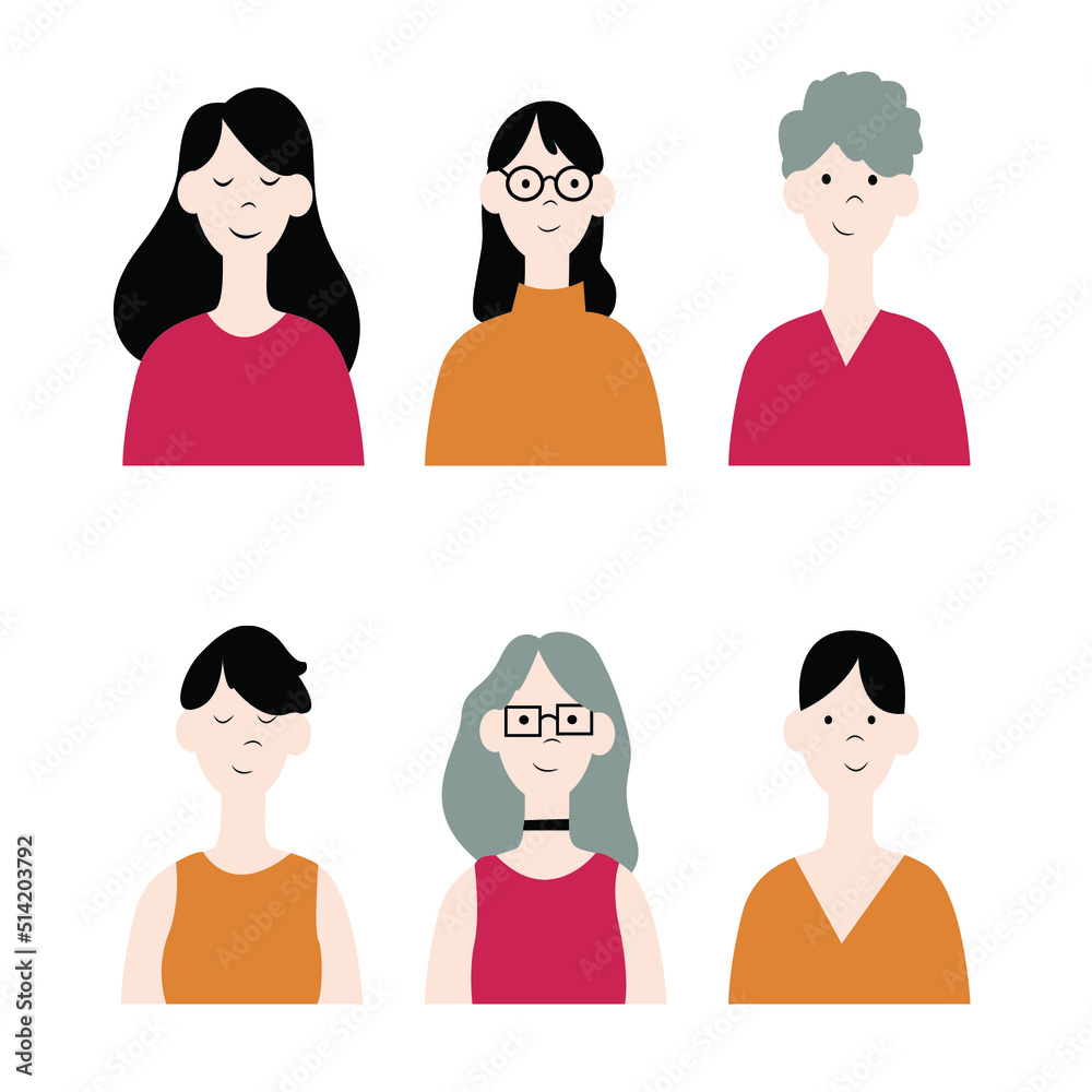 Set of portraits of people. Diverse female faces of different ages. Happy modern young and old avatars. Character pack. Flat vector illustration isolated on white background