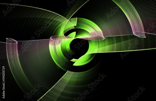 The green curling and wavy blades of the abstract screw rotate on a black background. Abstract fractal background. 3d rendering. 3d illustration.