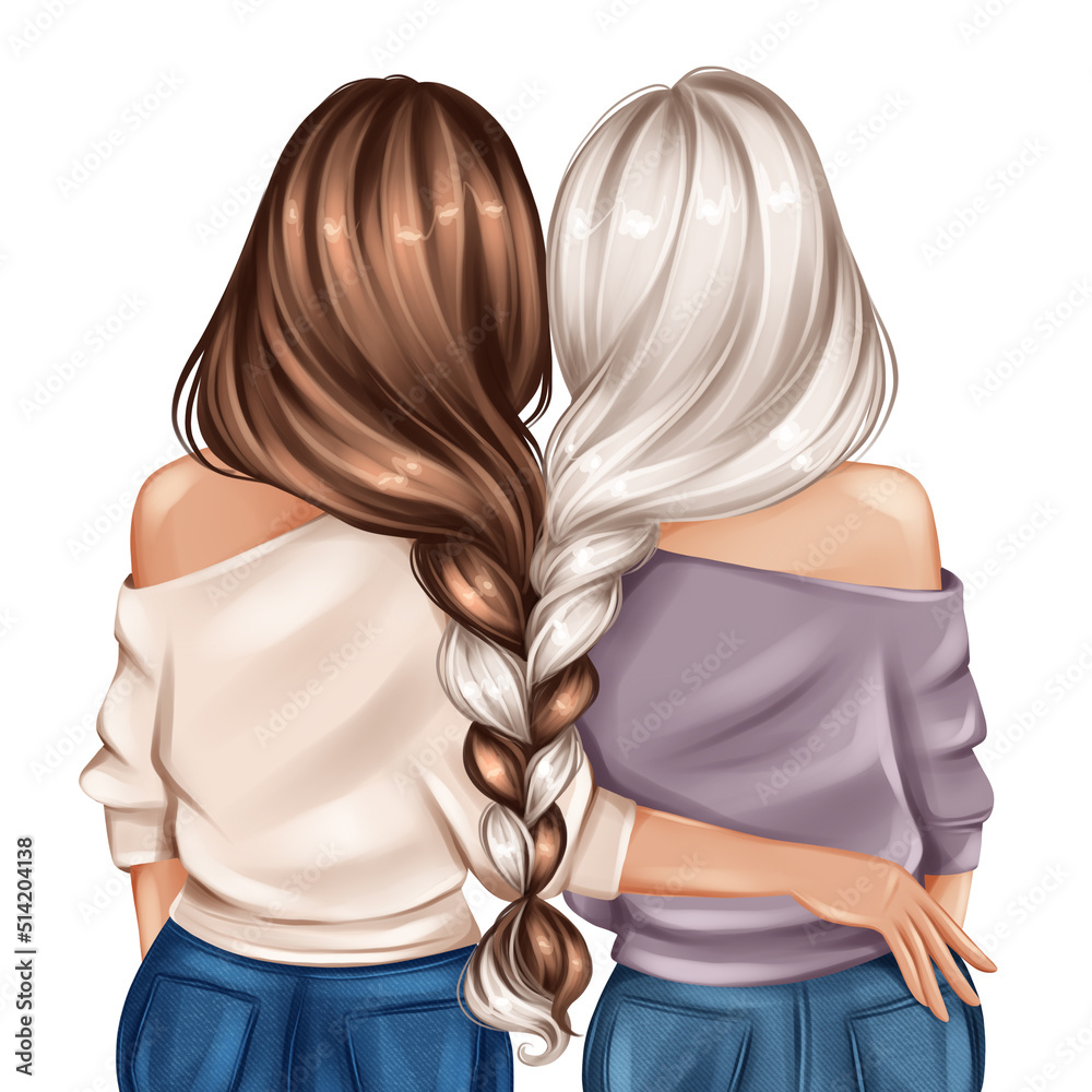 Two girls together back view. Brunette and blonde girls. Hand