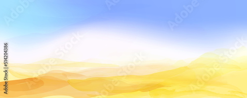 Desert landscape, View of the dunes, sky, golden sand. Abstract vector illustration, watercolor style. 