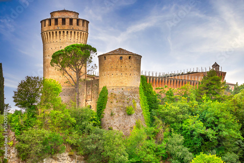 Brisighella, Ravenna, Emilia-Romagna, Italy, Ravenna, Emilia-Romagna, Italy. Beautiful panoramic aerial view of the medieval city and Manfredian fortress with clock tower. Famous symbols photo
