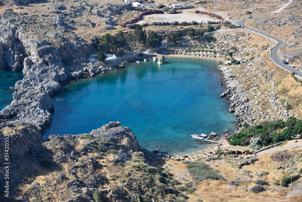 Famous St. Paul's Bay near Lindos city, Rhodes, Greece. Beautiful, blue Mediterranean Sea.