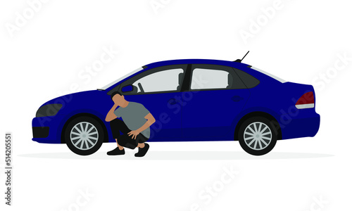 Male character squatting near a car wheel on a white background