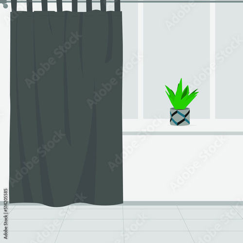 Window with curtain and flower pot on windowsill indoors