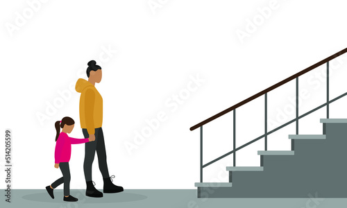 A female character and a girl are walking holding hands to the stairs on a white background