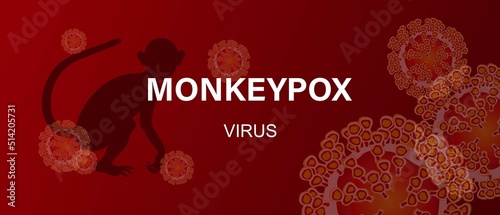 Monkeypox virus. Banner with text, virus cells and monkey silhouette. Virus disease concept. Vector microbiology background.