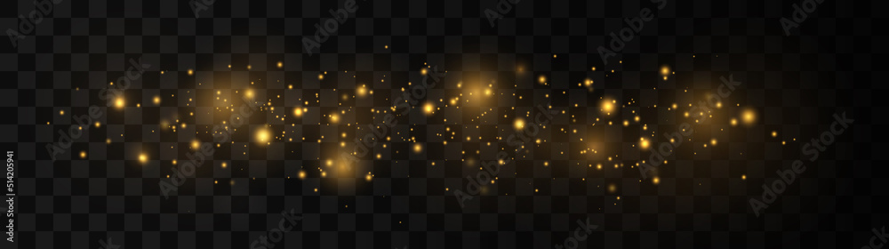 Sparkling magical dust particles. The dust sparks and golden stars shine with special light on a black background. Christmas concept.