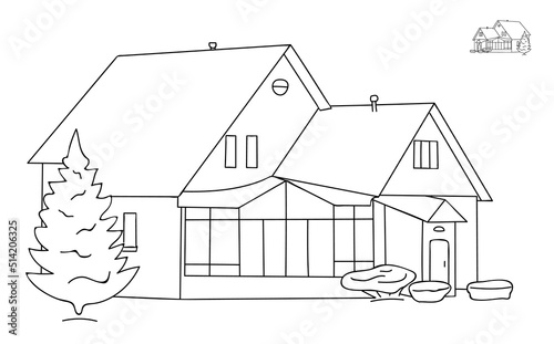 Sleeping area, private house or cottage. Line drawing of House with Tree. Abstract country wooden house in minimalism style. Hand drawn sketch. Vector