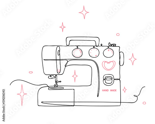 Sketch of modern electric sewing machine. Tailor equipment in hand-drawn continuous line style. Editable contour. Vector