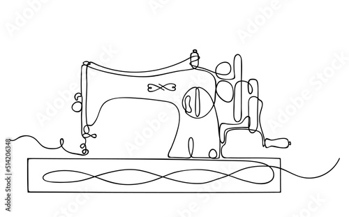 Sketch of old fashion wooden sewing machine. Tailor equipment in hand-drawn continuous line style. Editable contour. Vector