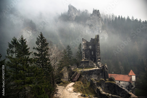 Castle ruins with fog and mist in the hills