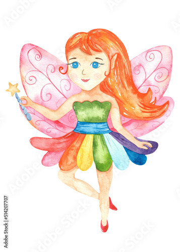 Watercolor magical fairy girl with pink wings and magic wand