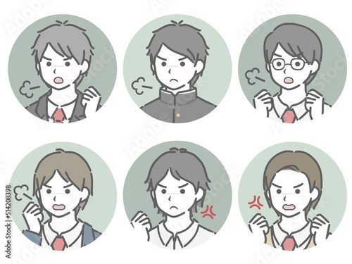 怒る男子学生の斜め向き丸アイコンセット