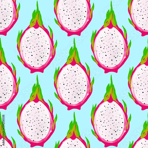 Seamless pattern with iIllustration of a pitahaya on a blue background
