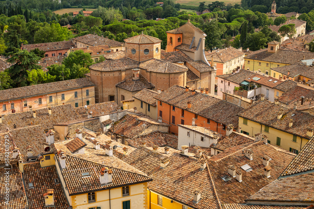 Brisighella, Ravenna, Emilia-Romagna, Italy. Beautiful panoramic aerial view from on the medieval city and the fortress of Manfrediana
