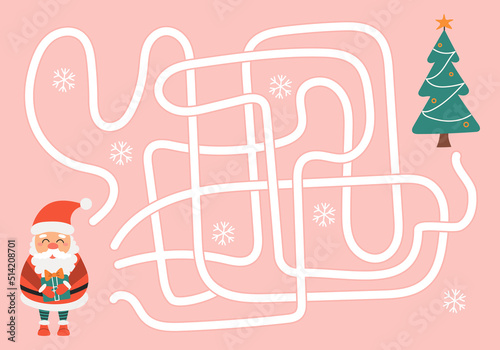 Labyrinth, help Santa Claus find the right way to the Christmas tree. Logical quest for children. Cute illustration for childrens books, educational game