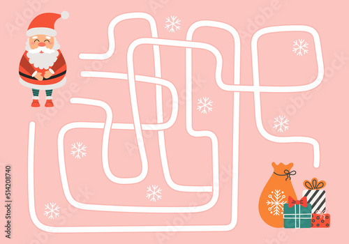 Labyrinth, help Santa Claus find the right way to Christmas gifts. Logical quest for children. Cute illustration for childrens books, educational game