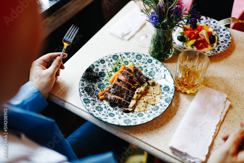 dinner in a restaurant for two, top view