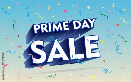 Prime day sale Banner with flying confetti pieces and typography and extrude effect. Sale background.
