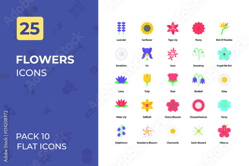 Flower Flat Icons Collection. Set contains such Icons as red rose, sun flower, lirs, and more. photo