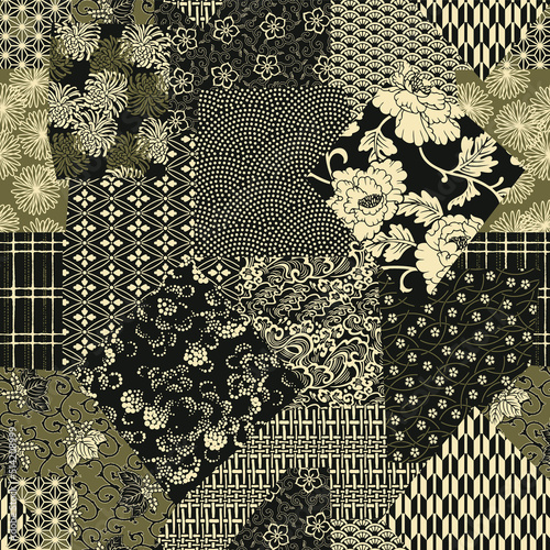Traditional Japanese fabric patchwork wallpaper abstract vector  seamless pattern 