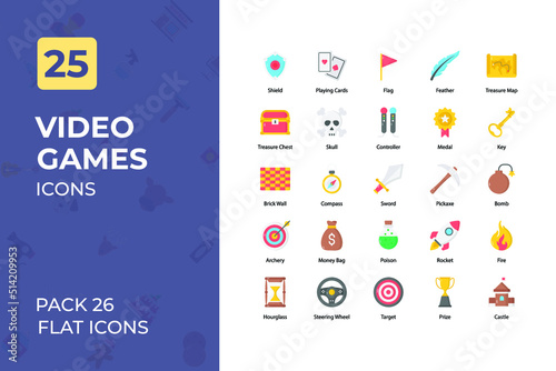 Video game Flat Icons Collection. Set contains such Icons as flag, online game, compass, target, and more.