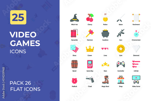 Video game Flat Icons Collection. Set contains such Icons as flag, online game, compass, target, and more.