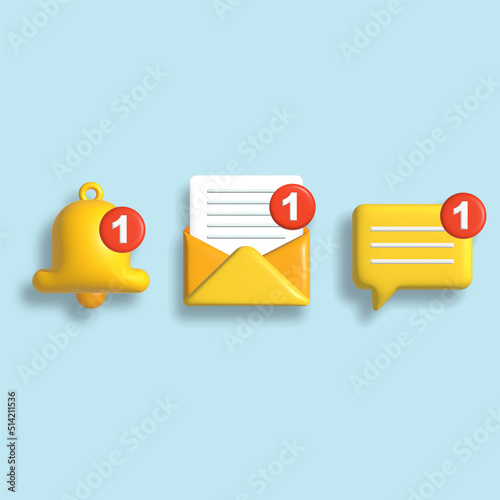 3d notification  vector icon set. Bell, letter and chat 