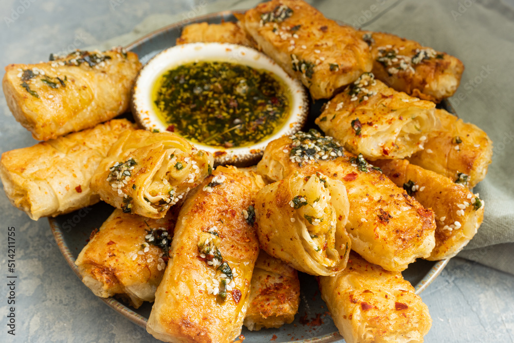 Over fried potato rolls with chili honey Over fried potato rolls with chili honey