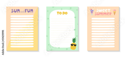 Templates for notes, to do list with cute summer objects and lettering. Colorful ice cream, milkshake and pineapple. Vector illustration