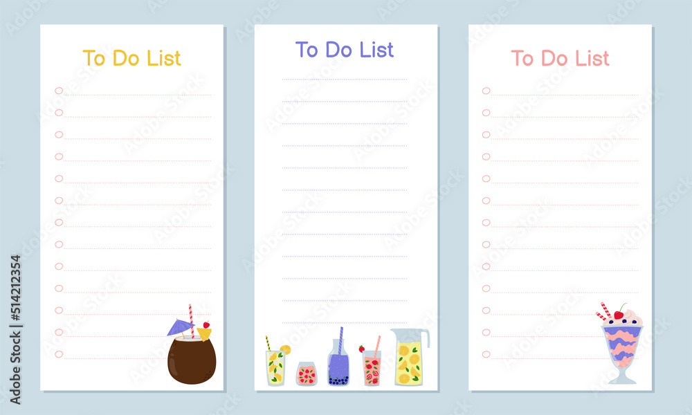 Set of templates for To Do List with cute summer drinks. Set of templates for To Do List with cute summer drinks.