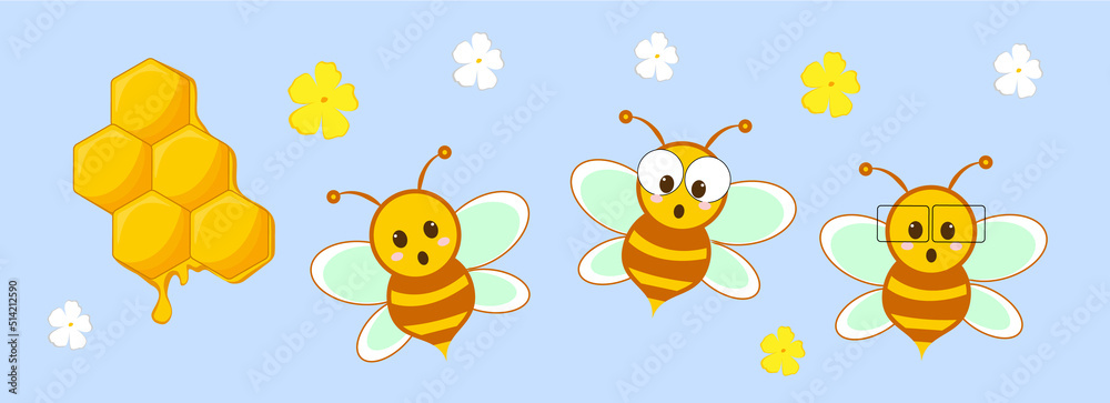 Obraz premium Cute bee with honeycomb. Bumblebees character set. Group cartoon happy bees. Vector illustration isolated on blue background.